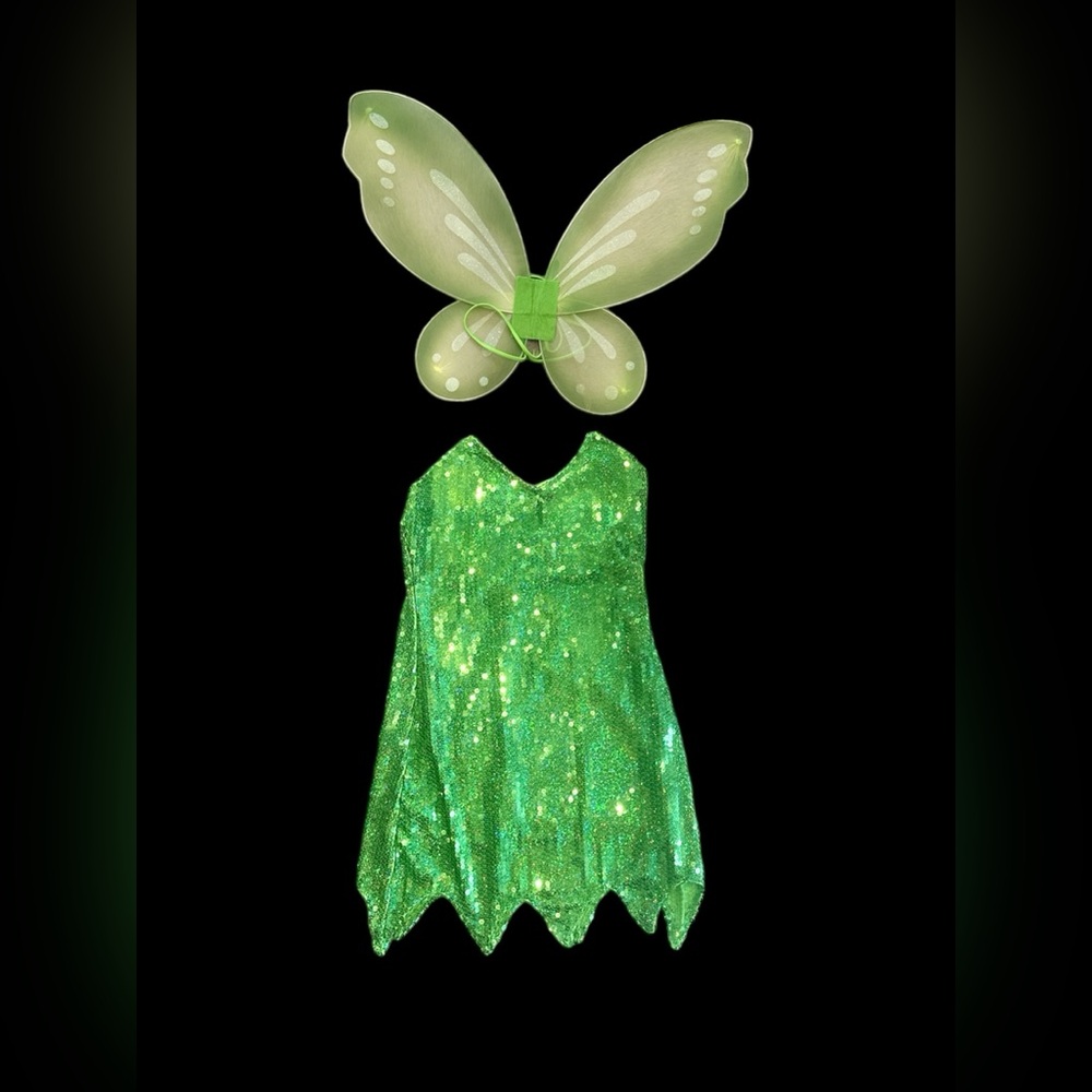 Green sequin Tinker Bell costume with fairy wings